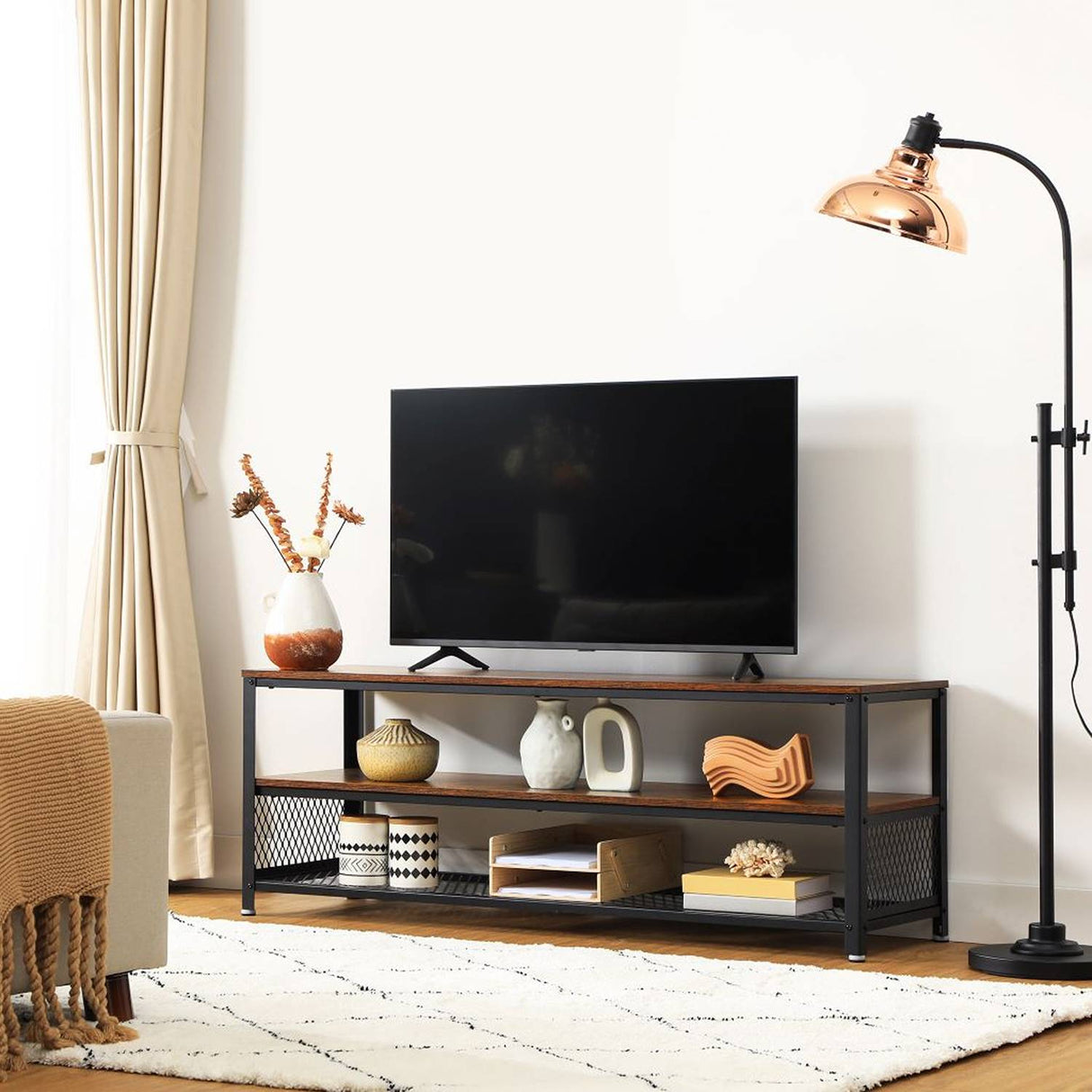 Mueble Auxiliar Café Rústico y Negro 140 cm con Entrepaños - Muebles de TV | Bylmo