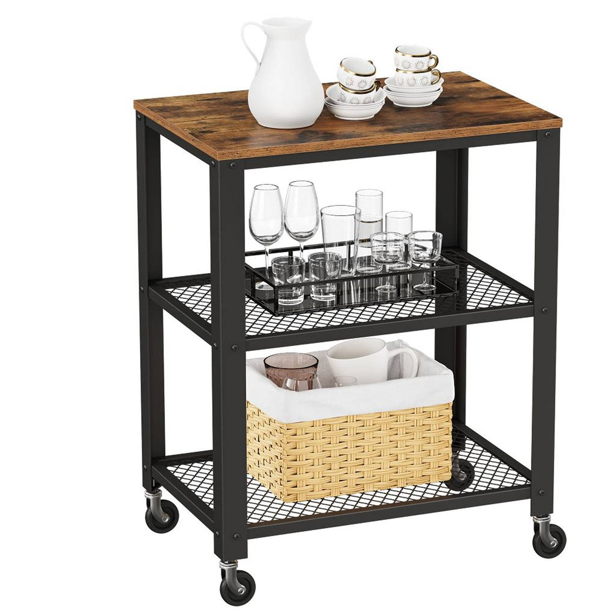 Mueble Auxiliar Pepper Café Rústico y Negro 60 cm con Rodachinas - Barras y Muebles Auxiliares | Bylmo