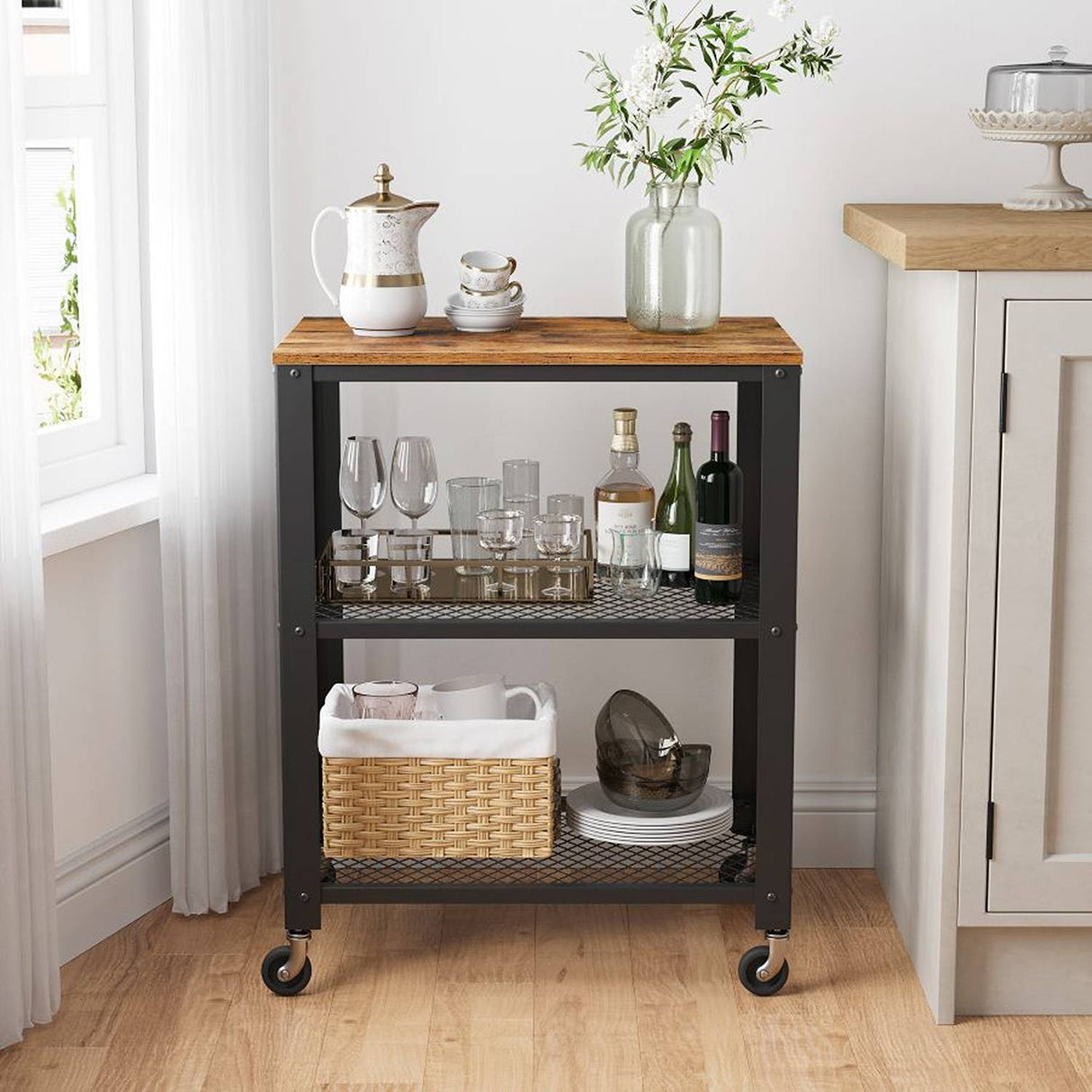 Mueble Auxiliar Pepper Café Rústico y Negro 60 cm con Rodachinas - Barras y Muebles Auxiliares | Bylmo