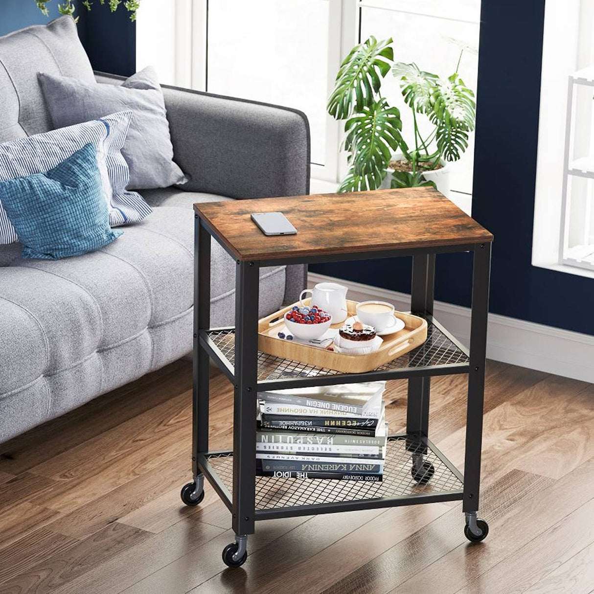 Mueble Auxiliar Pepper Café Rústico y Negro 60 cm con Rodachinas - Barras y Muebles Auxiliares | Bylmo