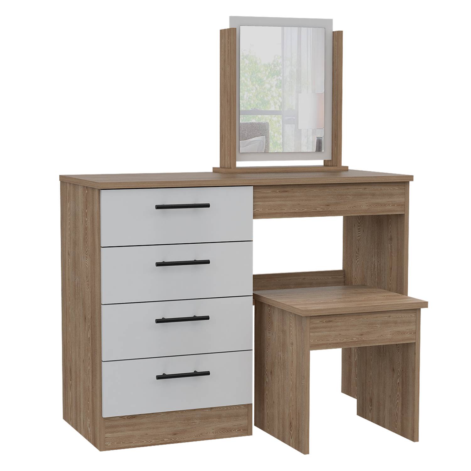 Tocador Kaia Miel y Blanco 100x42.5cm de Un Puesto con Cuatro Cajones con Espejo y con Una Silla - Tocadores | Bylmo