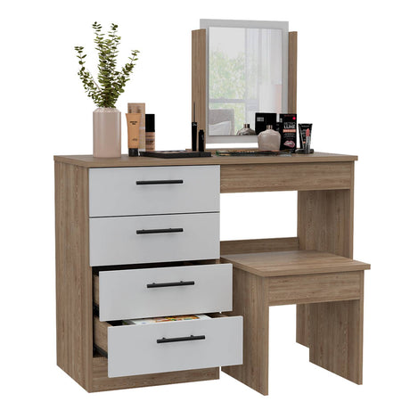 Tocador Kaia Miel y Blanco 100x42.5cm de Un Puesto con Cuatro Cajones con Espejo y con Una Silla - Tocadores | Bylmo