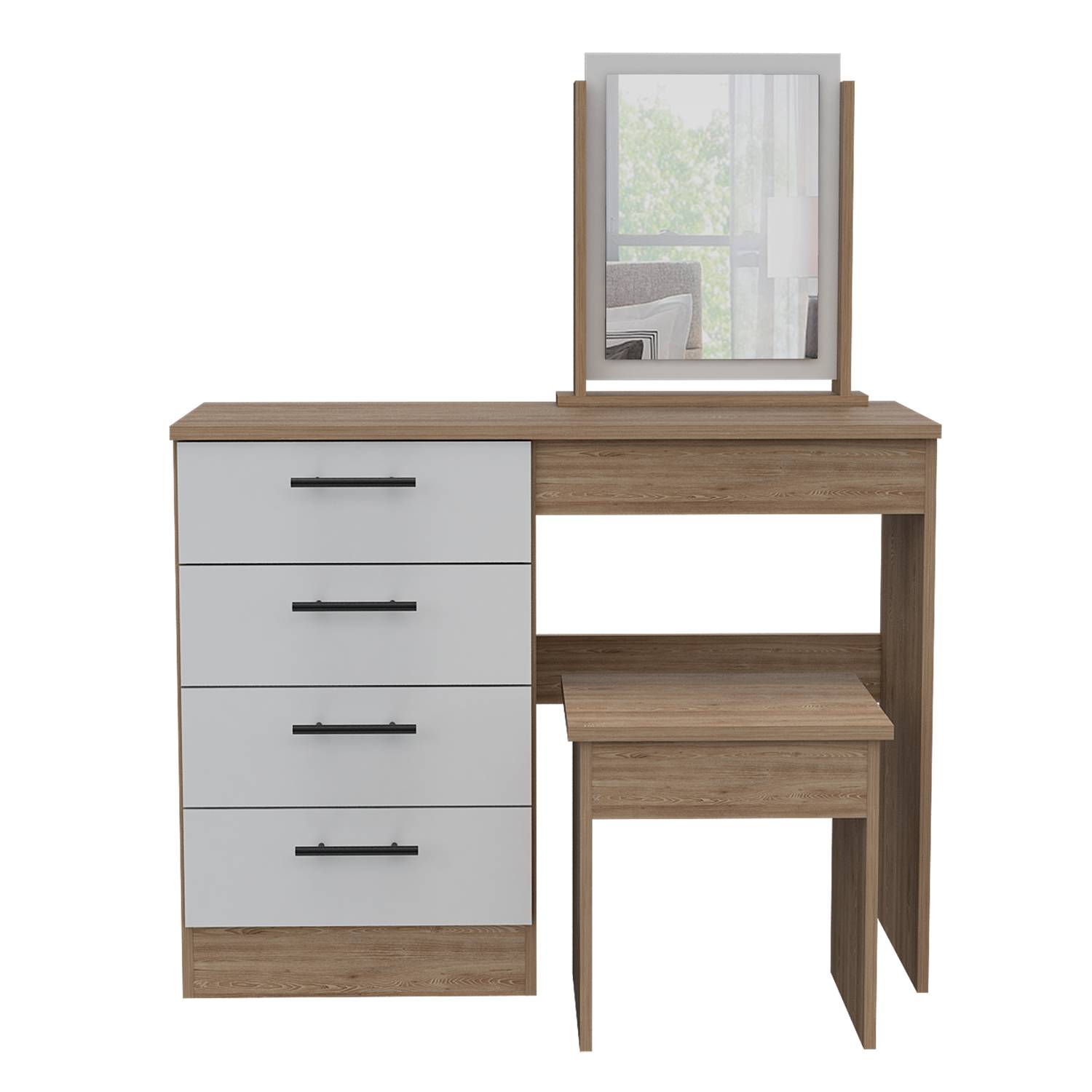 Tocador Kaia Miel y Blanco 100x42.5cm de Un Puesto con Cuatro Cajones con Espejo y con Una Silla - Tocadores | Bylmo
