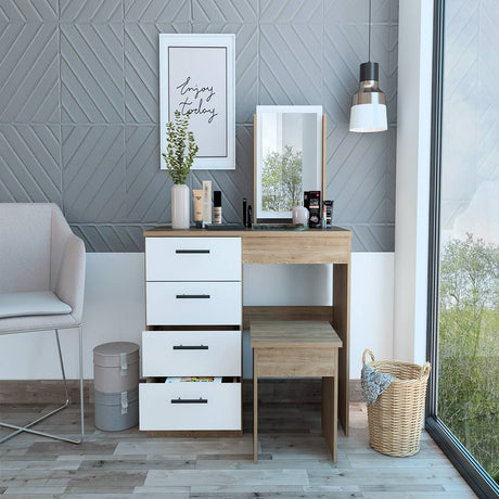 Tocador Kaia Miel y Blanco 100x42.5cm de Un Puesto con Cuatro Cajones con Espejo y con Una Silla - Tocadores | Bylmo